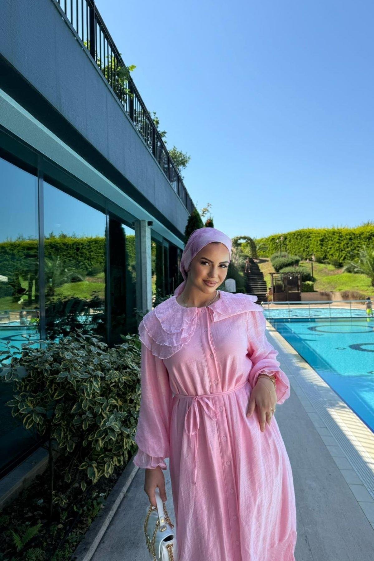 Kadın Pembe Yaka Detaylı Boydan Düğmeli Elbise
