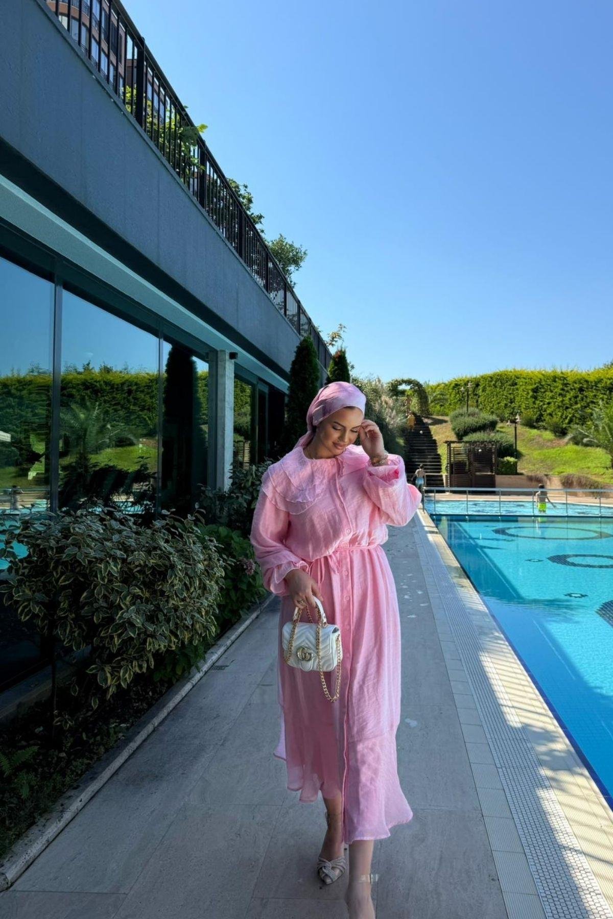 Kadın Pembe Yaka Detaylı Boydan Düğmeli Elbise