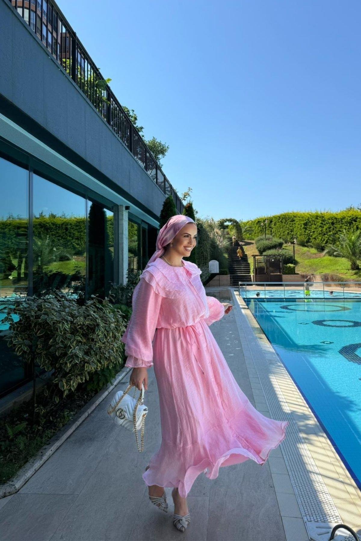 Kadın Pembe Yaka Detaylı Boydan Düğmeli Elbise