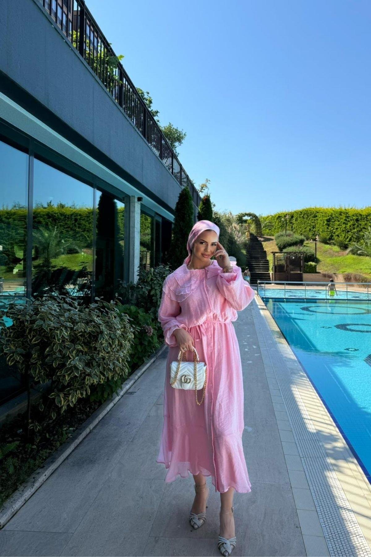 Kadın Pembe Yaka Detaylı Boydan Düğmeli Elbise