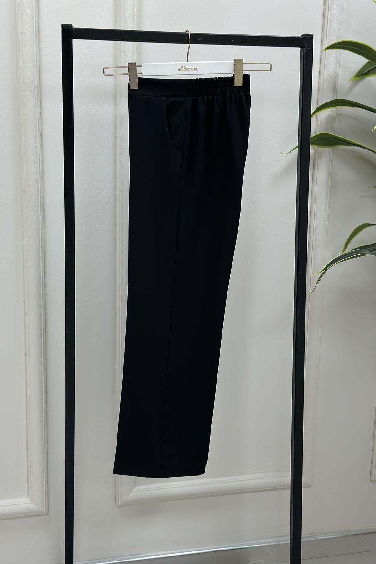 Kadın Siyah Dabıl Krep Kumaş Beli Lastikli Bol Paça Pantolon