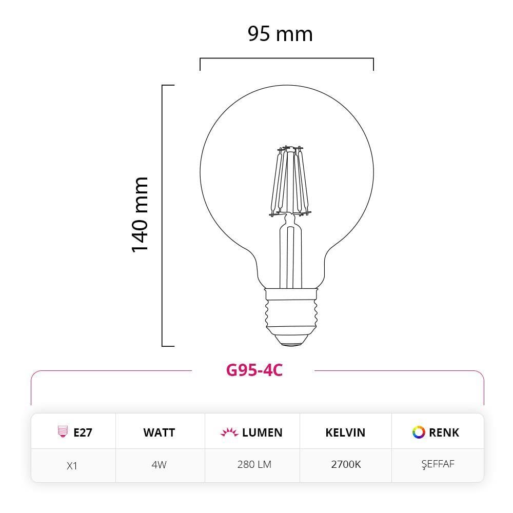 Led Lamp 4W 220V E27 Rustik LED Ampul G95-4C
