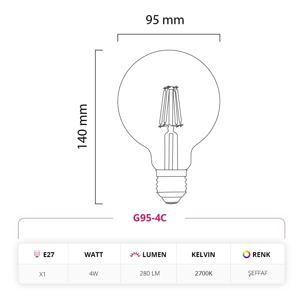 Led Lamp 4W 220V E27 Rustik LED Ampul G95-4C