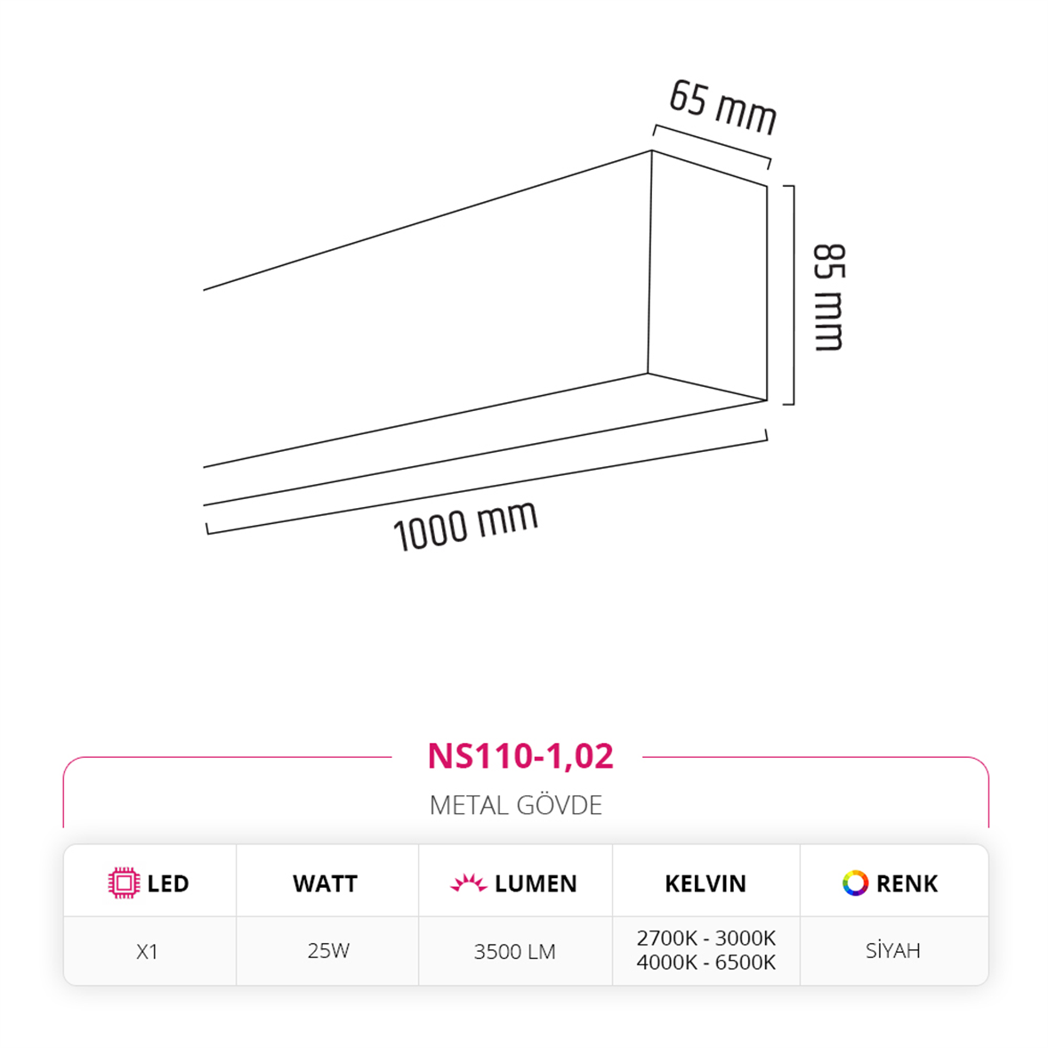 Nevo 100 cm Linear Sarkıt Siyah NS110-1