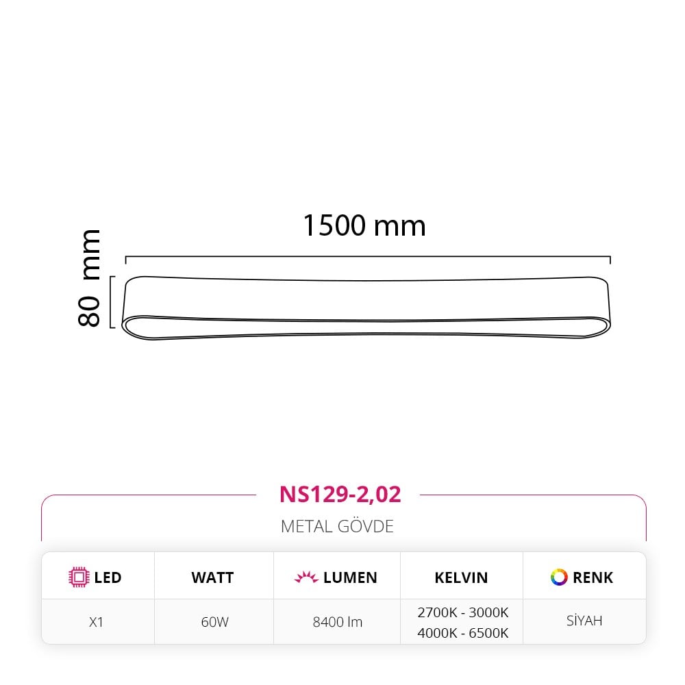 Nevo 150 Cm Sıva Üstü Ledli Linear Tavan Armatürü Siyah NS129-2