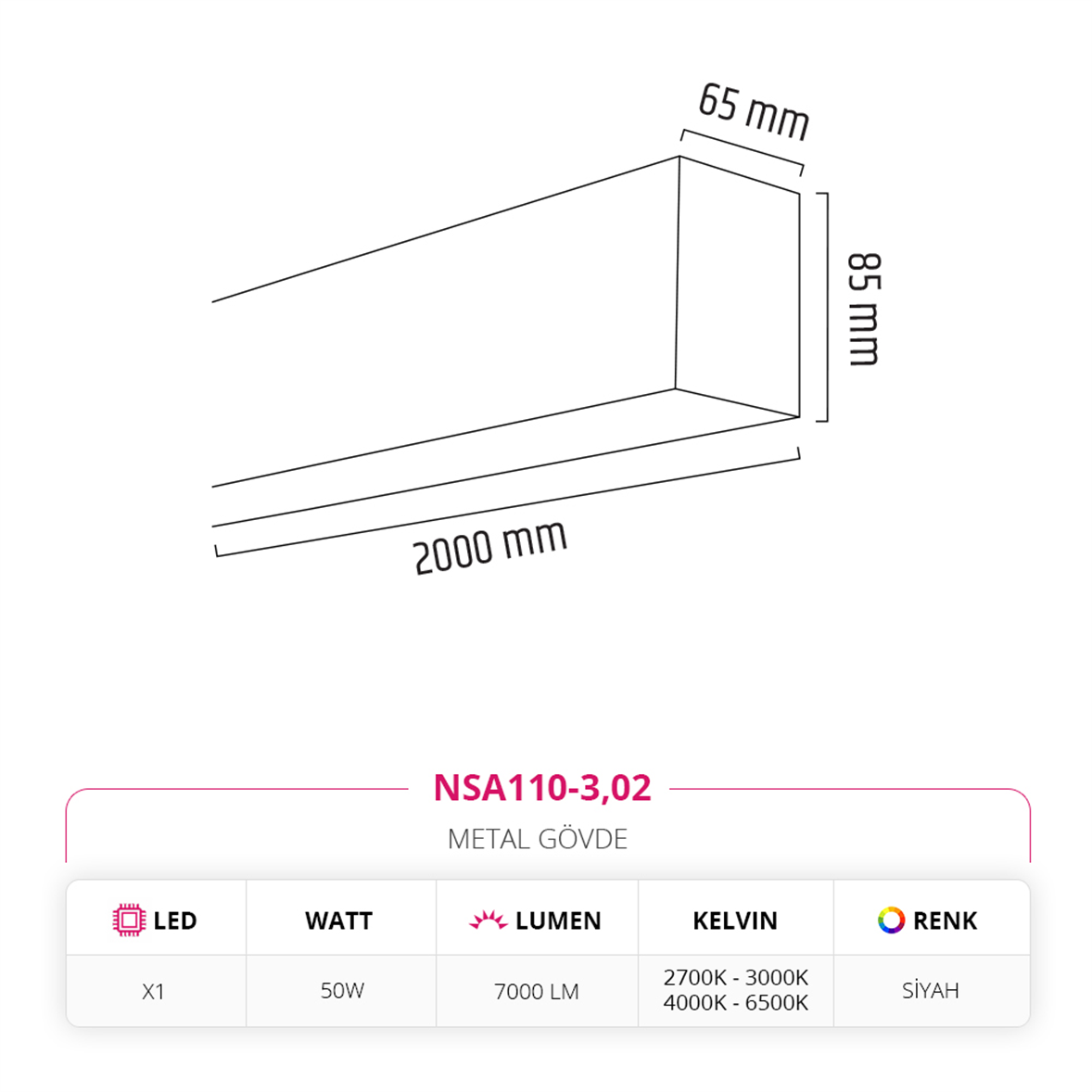 Nevo 200 cm Linear Sıva Üstü Armatür Siyah NSA110-3,02