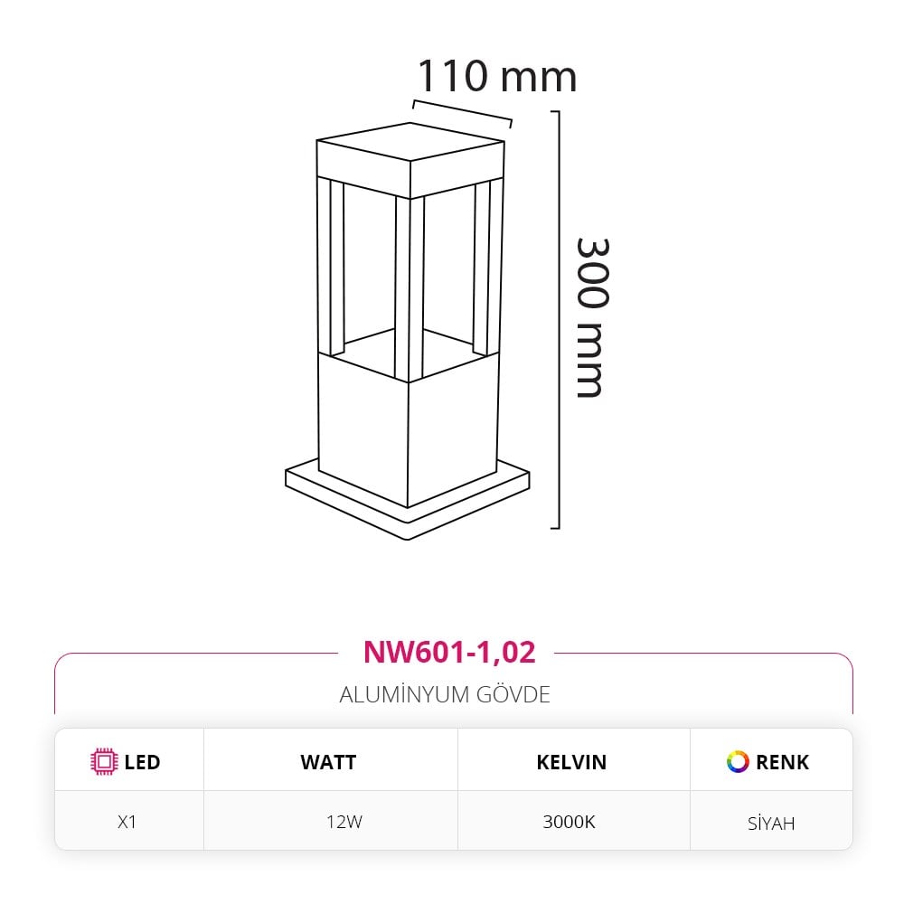 Nevo 30 Cm Bahçe Direk Armatür Siyah NW601-1
