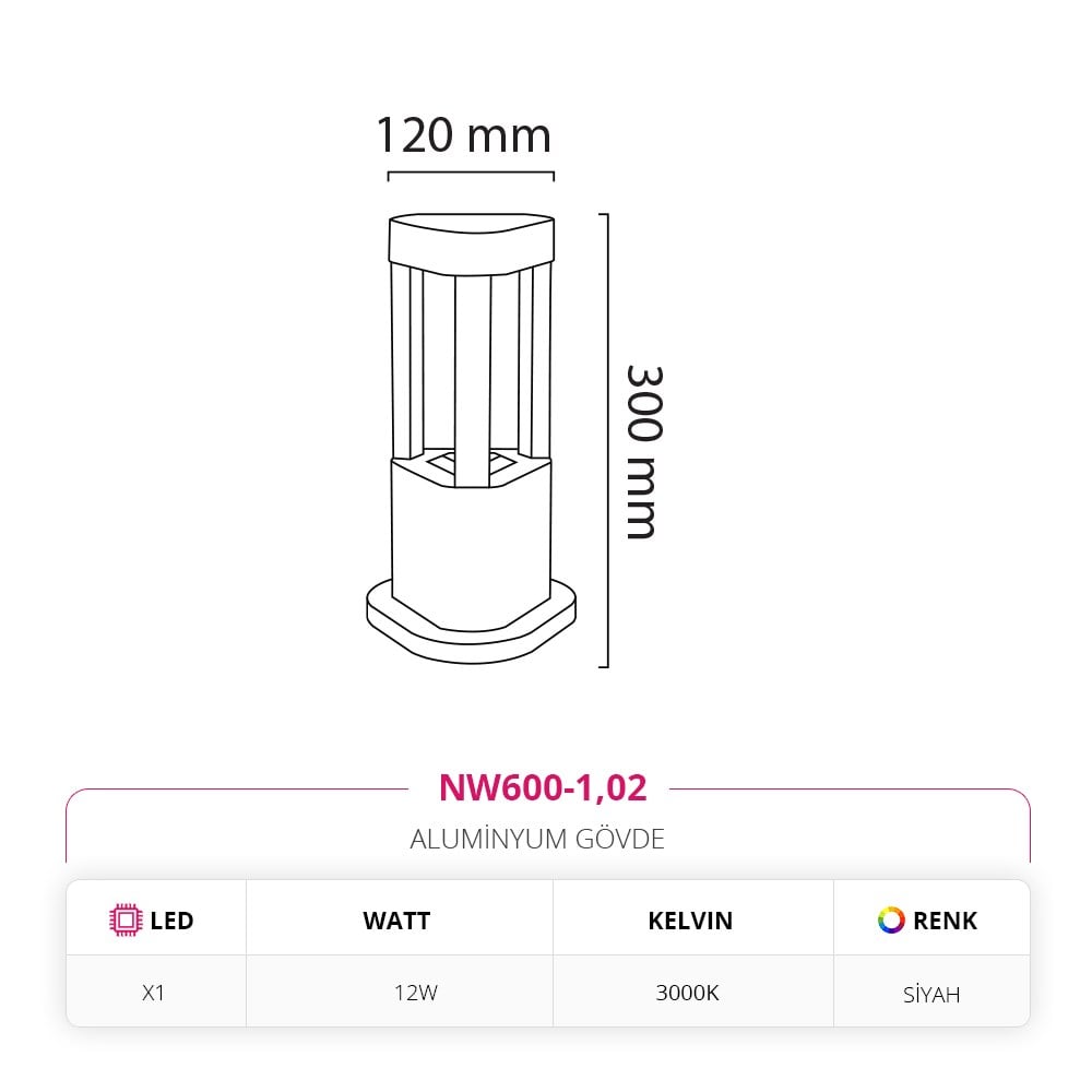 Nevo 30 Cm Bahçe Direk Armatür Siyah NW600-1