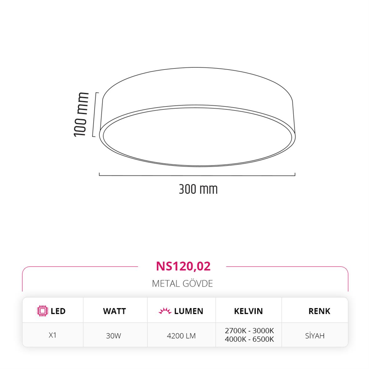 Nevo 30 Cm Sıva Üstü Ledli Tavan Armatürü Siyah NS120