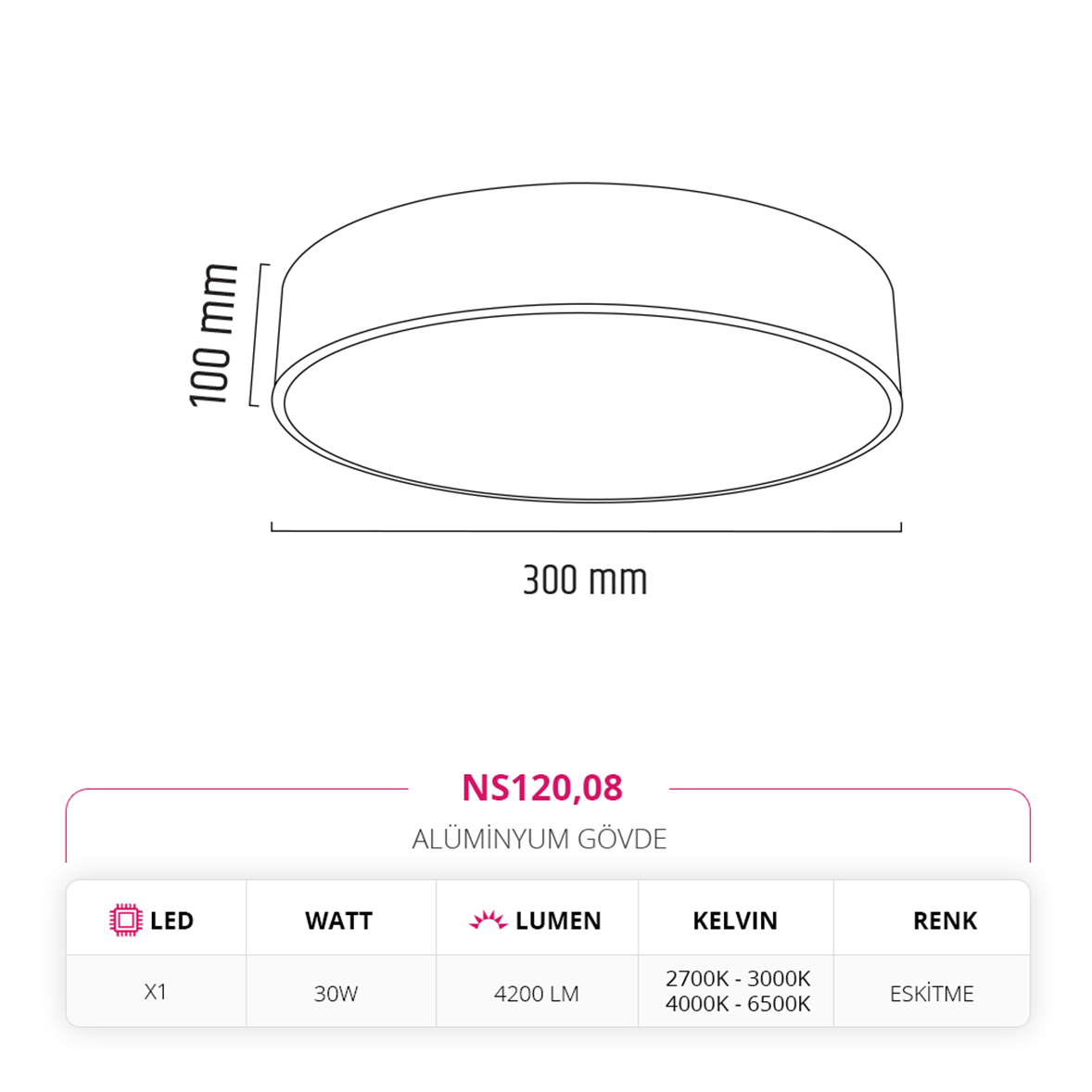 Nevo 30 Cm Sıva Üstü Ledli Tavan Armatürü Eskitme NS120