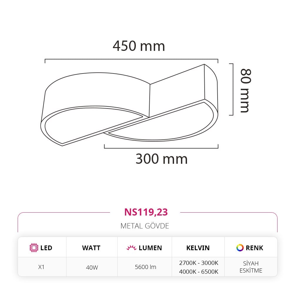 Nevo 45 Cm Sıva Üstü Ledli Tavan Armatürü Siyah Eskitme NS119