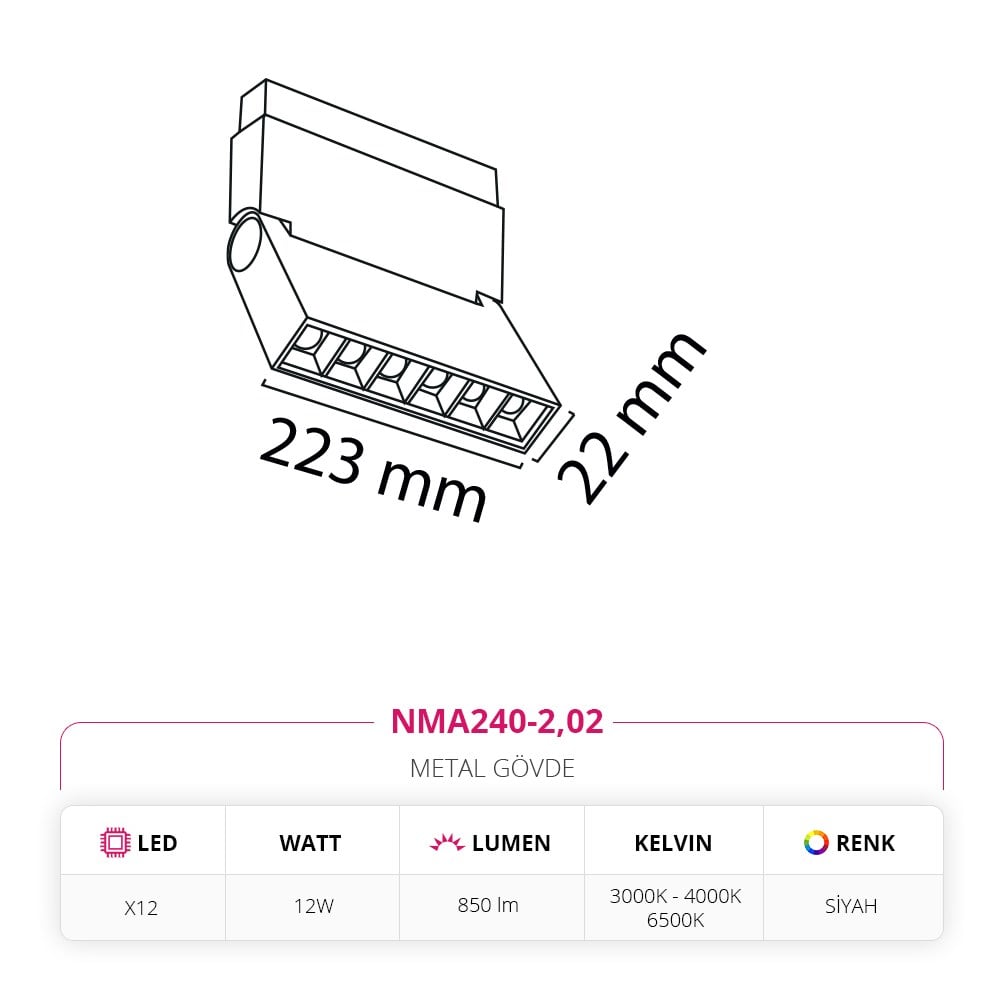 Nevo 48V Frame Led Akordiyon Magnet Armatür Siyah NMA240-2