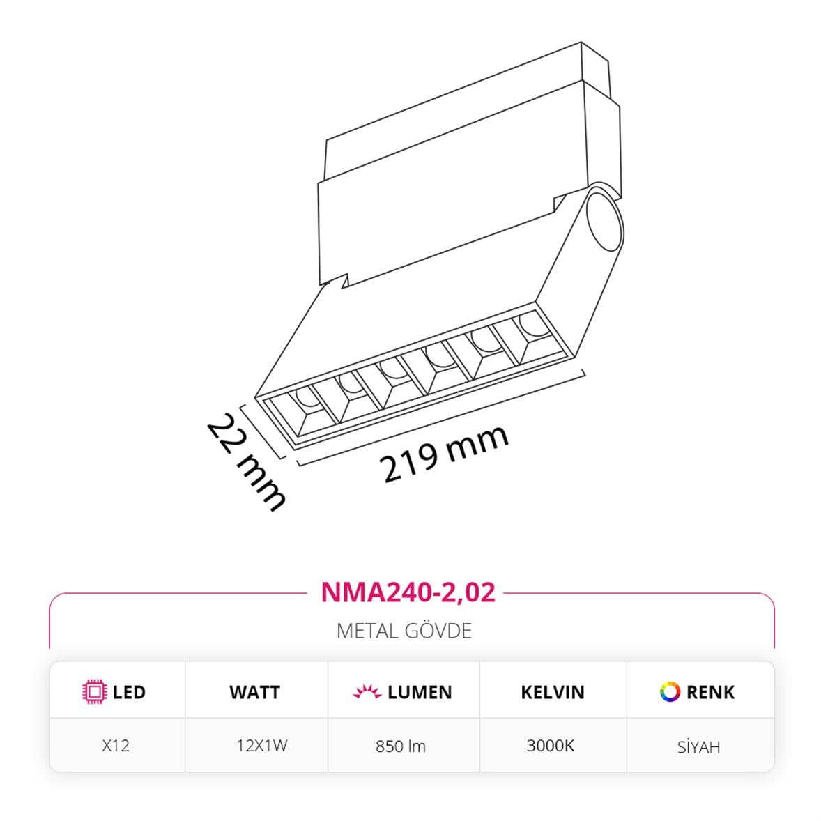 Nevo 48V Frame Led Akordiyon Magnet Armatür Siyah NMA240-2
