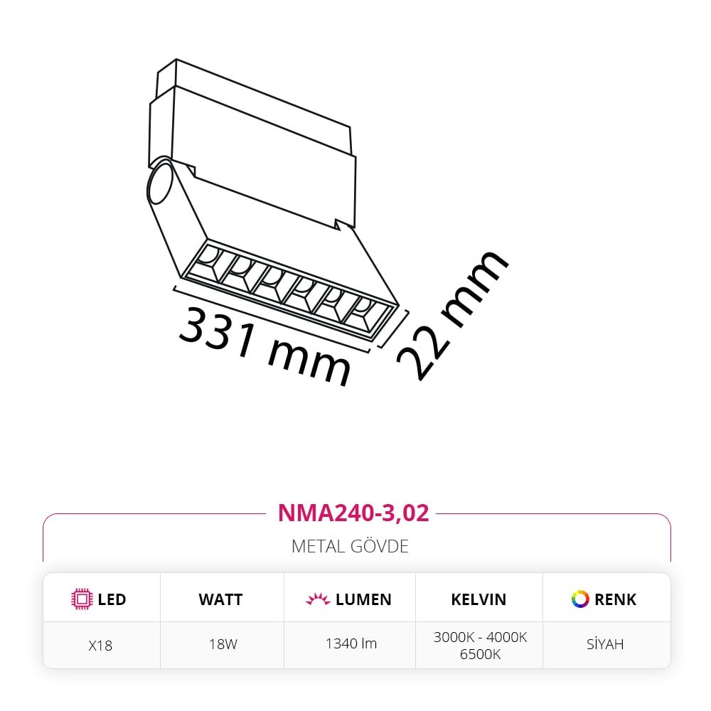 Nevo 48V Frame Led Akordiyon Magnet Armatür Siyah NMA240-3