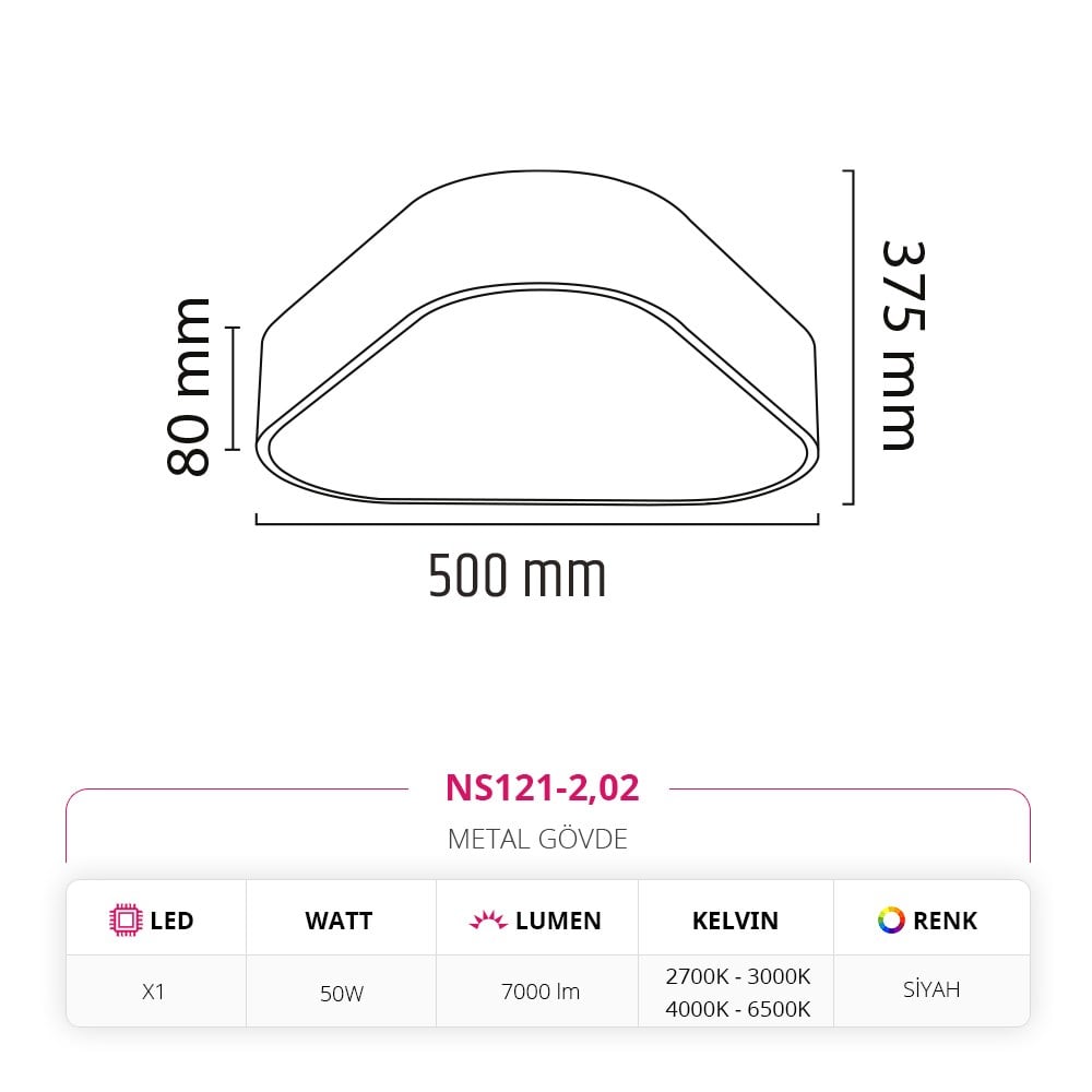 Nevo 50 Cm Sıva Üstü Ledli Tavan Armatürü Siyah NS121-2