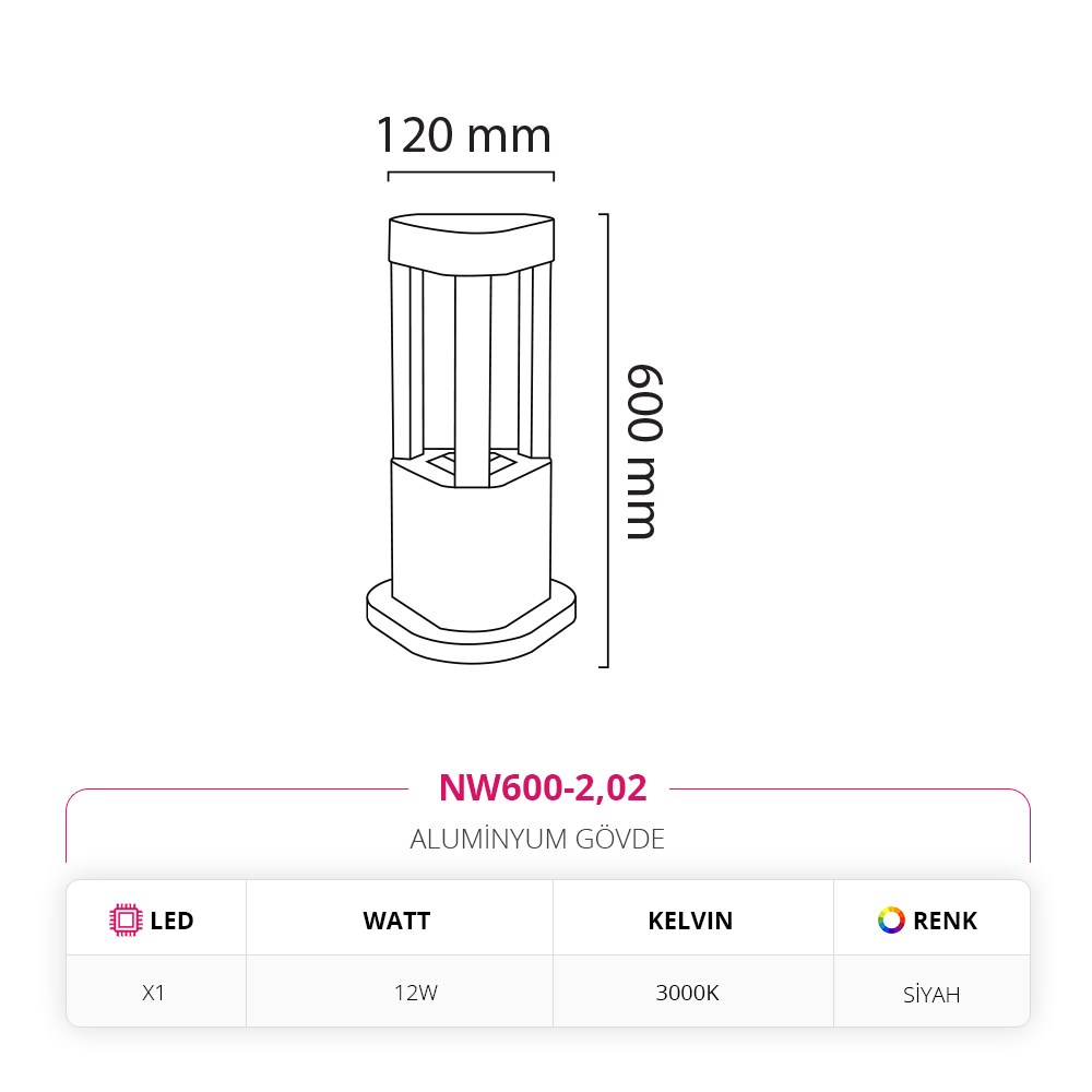 Nevo 60 Cm Bahçe Direk Armatür Siyah NW600-2