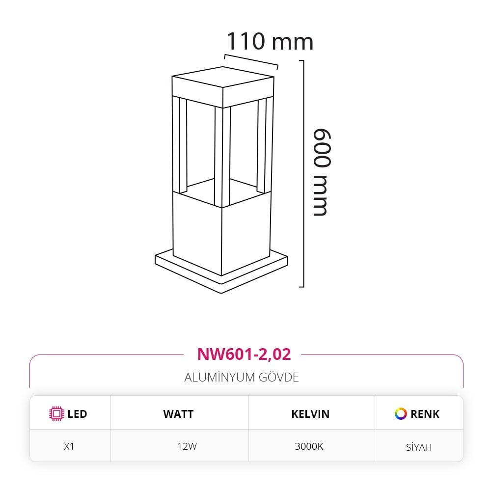 Nevo 60 Cm Bahçe Direk Armatür Siyah NW601-2