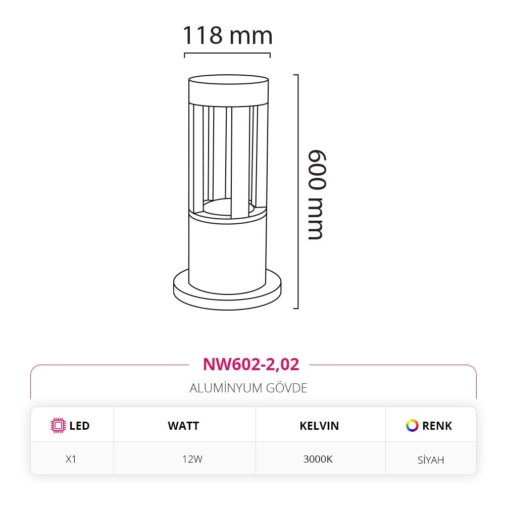 Nevo 60 Cm Bahçe Direk Armatür Siyah NW602-2