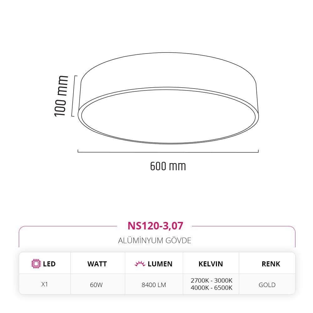 Nevo 60 Cm Sıva Üstü Ledli Tavan Armatürü Gold NS120-3
