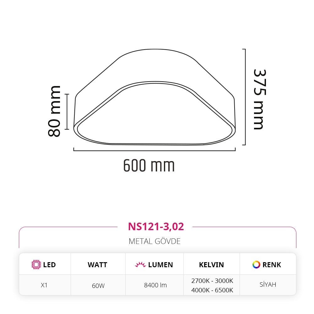 Nevo 60 Cm Sıva Üstü Ledli Tavan Armatürü Siyah NS121-3