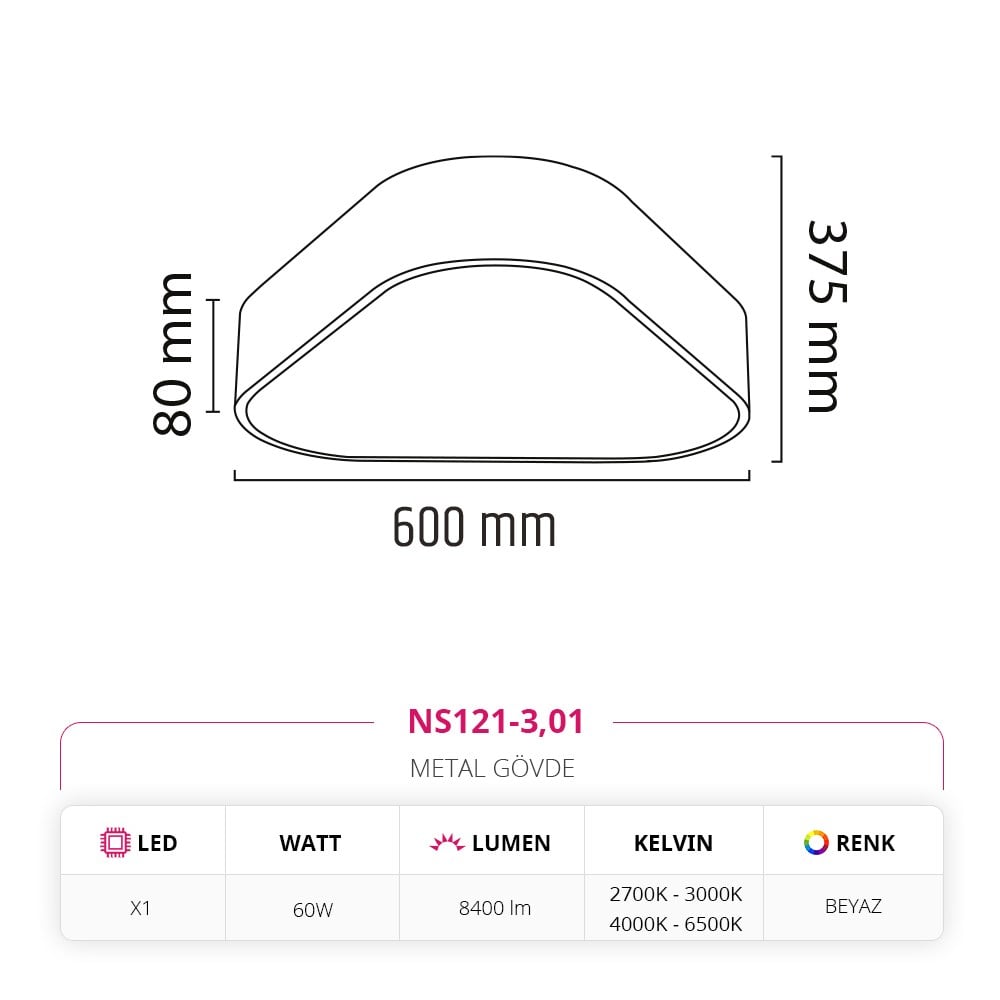 Nevo 60 Cm Sıva Üstü Ledli Tavan Armatürü Beyaz NS121-3
