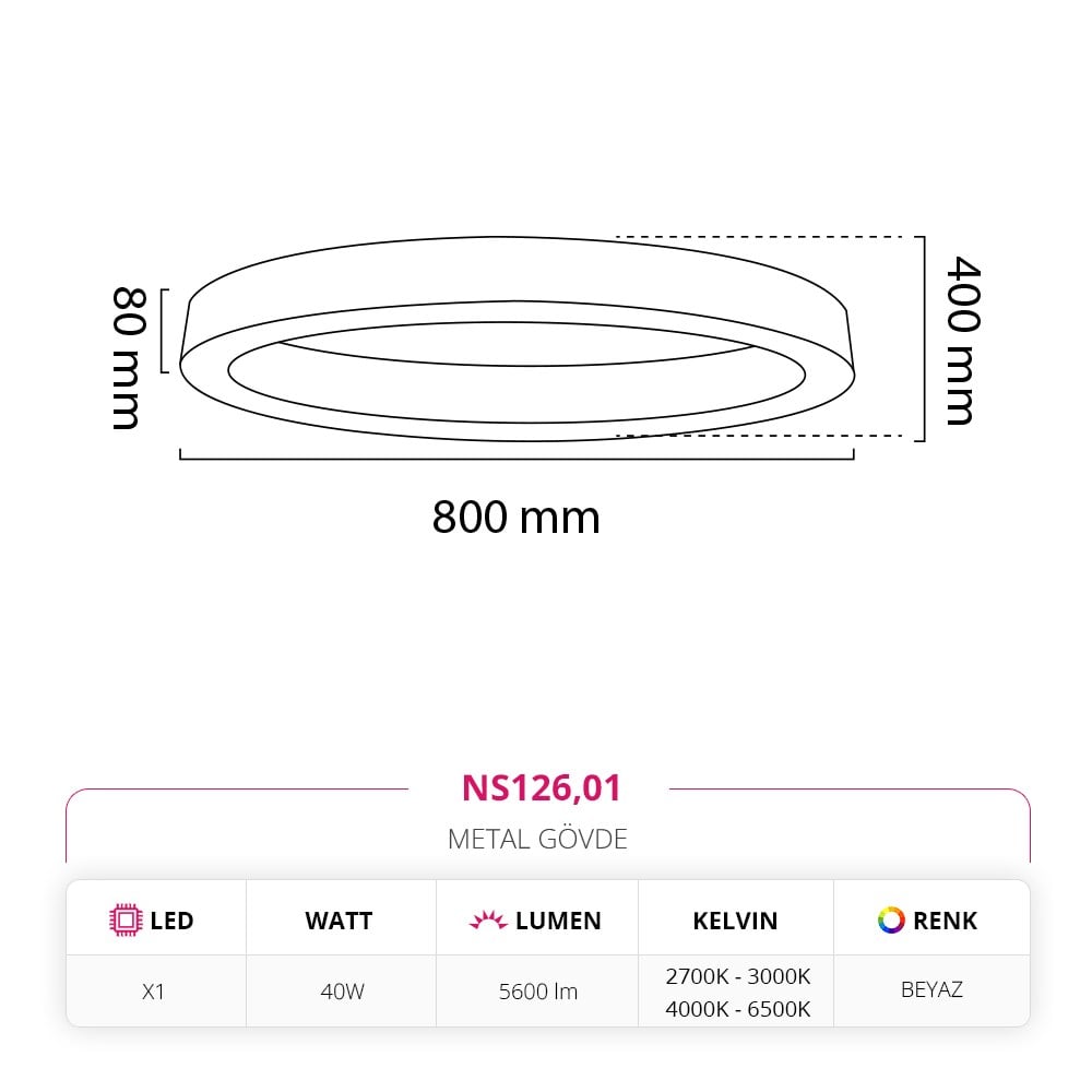 Nevo 80 Cm Sıva Üstü LED Elips Linear Tavan Armatürü Beyaz NS126