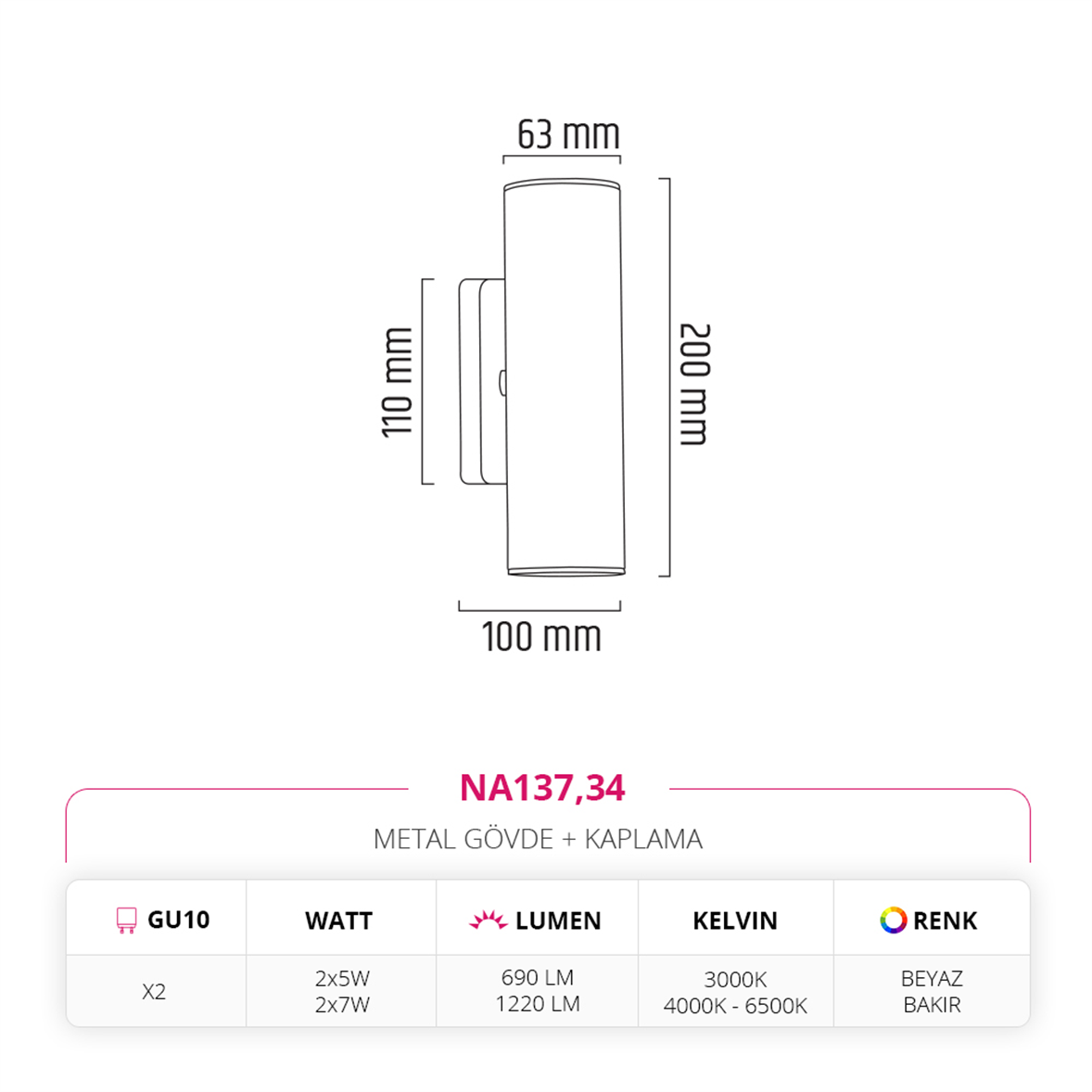 Nevo Çift Yönlü İç Mekan Aplik Beyaz Bakır NA137,34