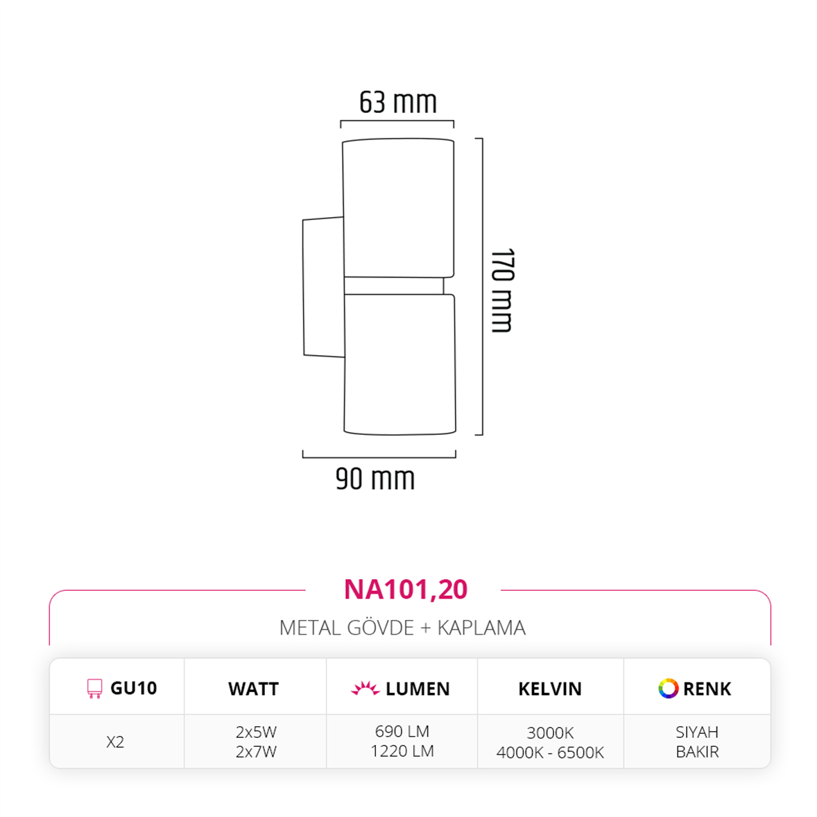Nevo Çift Yönlü İç Mekan Aplik Siyah Bakır NA101,20
