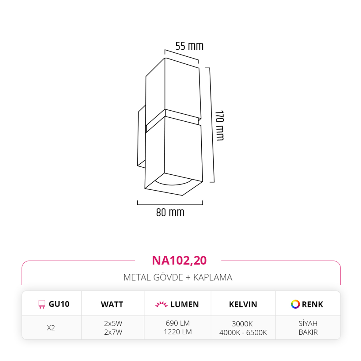 Nevo Çift Yönlü İç Mekan Aplik Siyah Bakır NA102,20