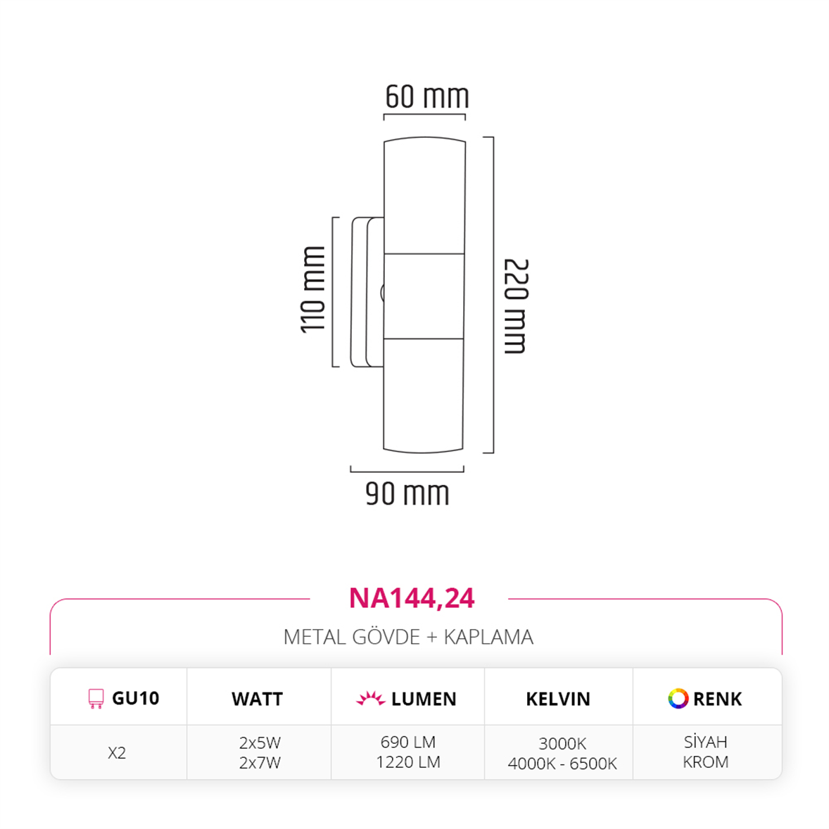 Nevo Çift Yönlü İç Mekan Aplik Siyah Krom NA144,24