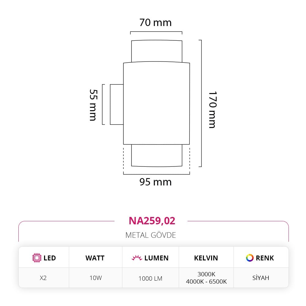 Nevo Çift Yönlü İç Mekan Aplik Siyah NA259