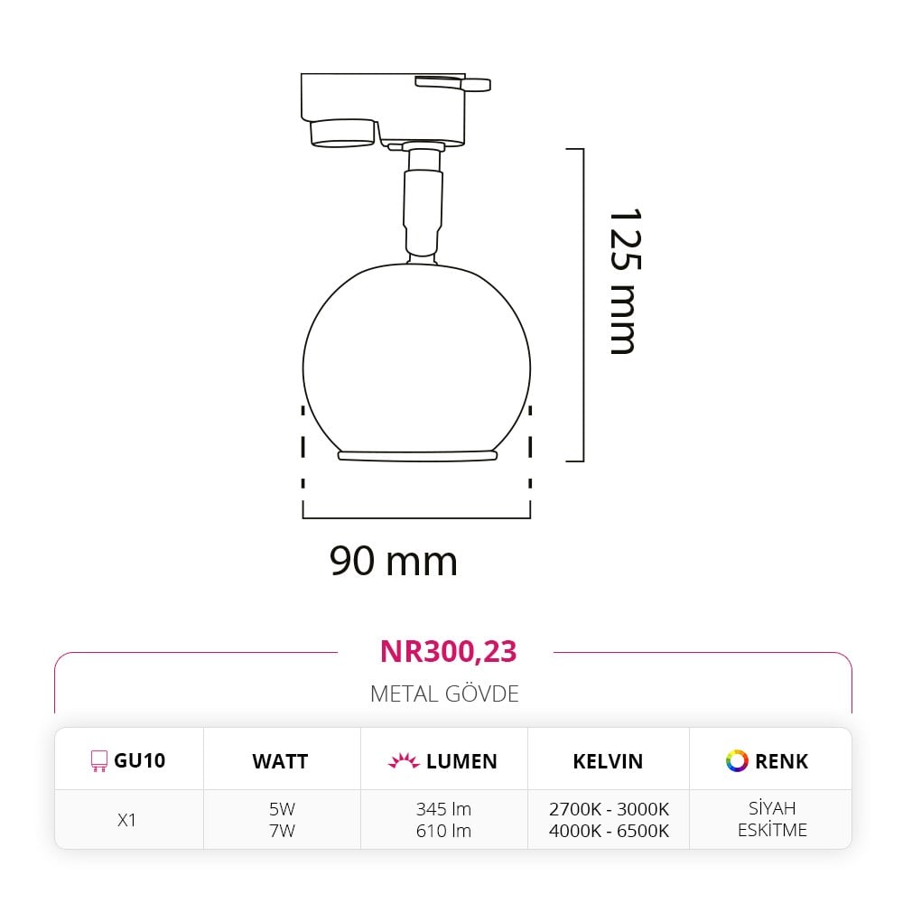 Nevo Dekoratif Ray Spot Eskitme Siyah NR300
