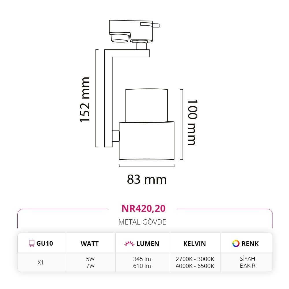 Nevo Dekoratif Ray Spot Siyah Bakır NR420