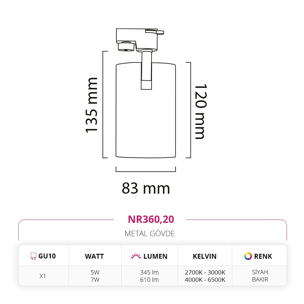 Nevo Dekoratif Ray Spot Siyah Bakır NR360