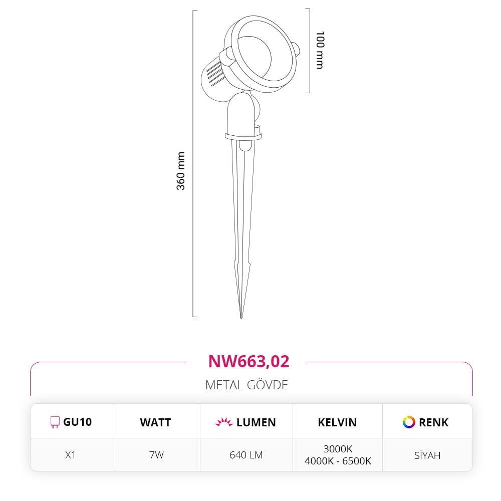 Nevo Kazıklı Bahçe Çim Armatürü Siyah NW663