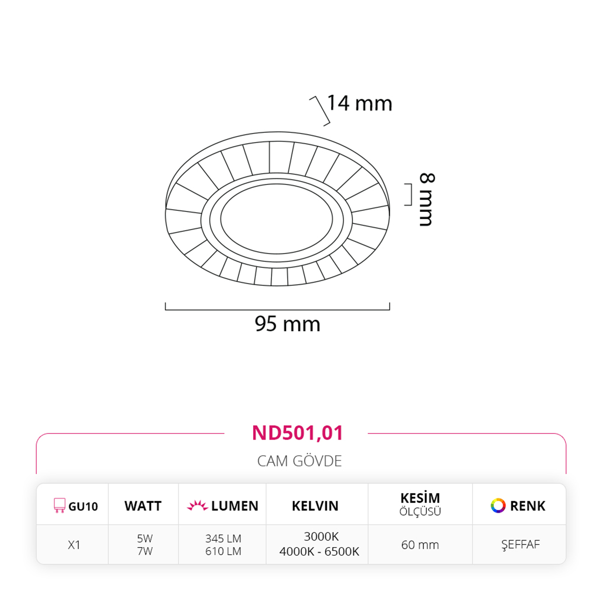 Nevo Sıva Altı Cam Spot ND501