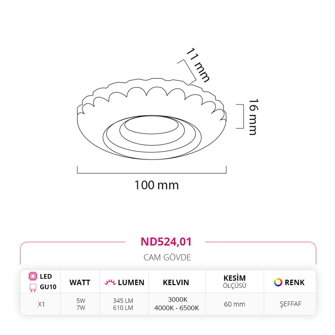 Nevo Sıva Altı Çerçeve Ledli Cam Spot ND524