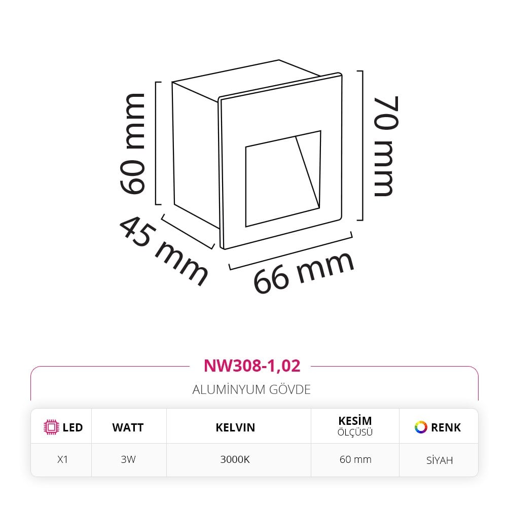 Nevo Sıva Altı Dış Mekan Sensörlü Duvar Armatürü Siyah NW308-1