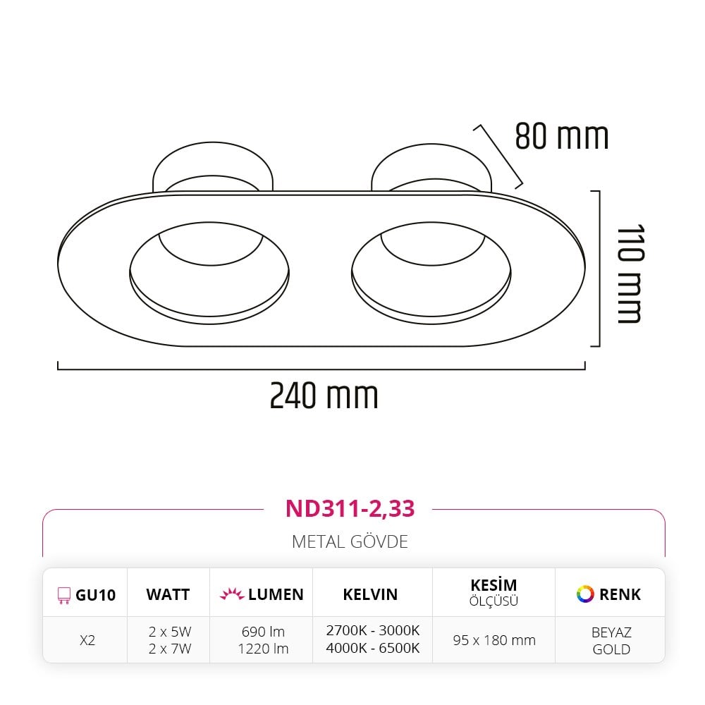 Nevo Sıva Altı İkili Led Spot Beyaz Gold ND311-2