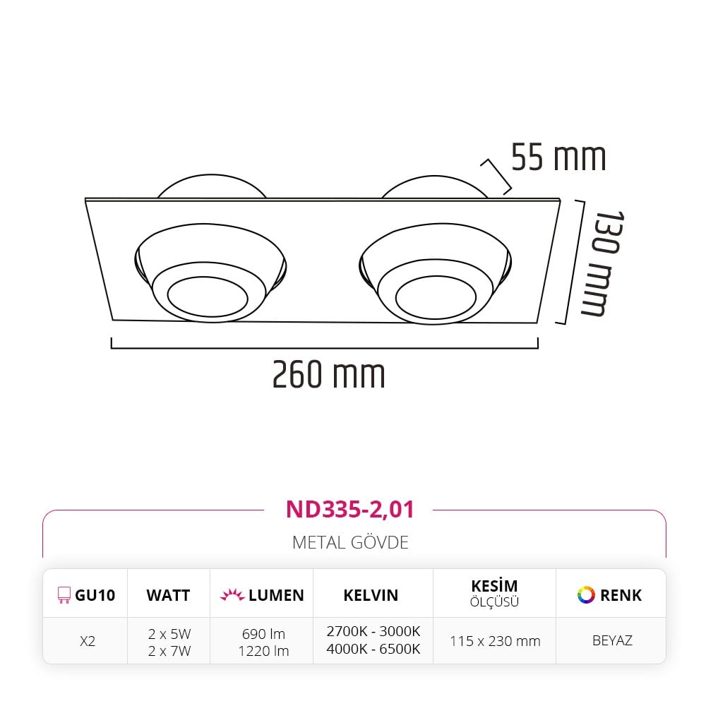 Nevo Sıva Altı İkili Led Spot Beyaz ND335-2