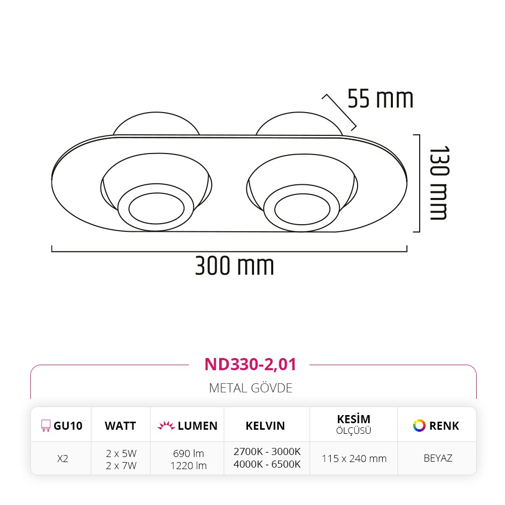 Nevo Sıva Altı İkili Led Spot Beyaz ND330-2
