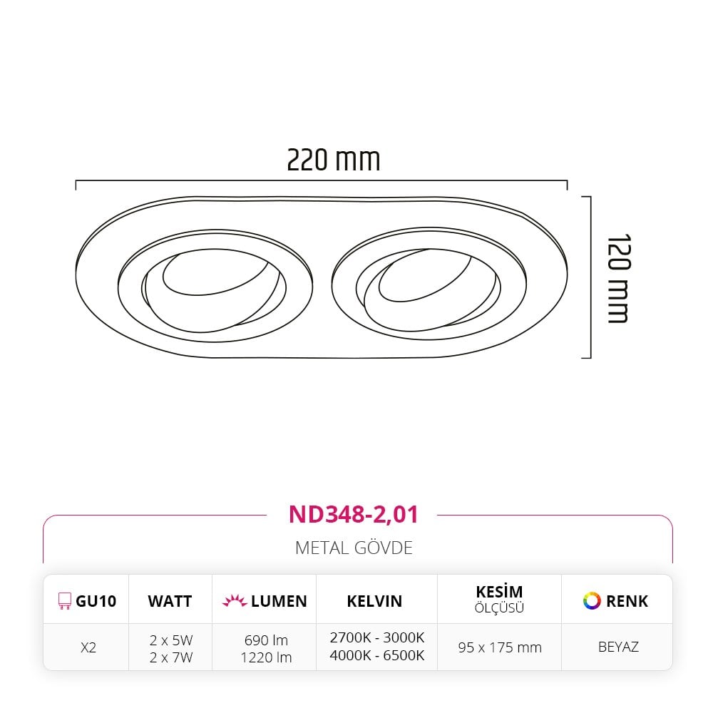 Nevo Sıva Altı İkili Led Spot Beyaz ND348-2