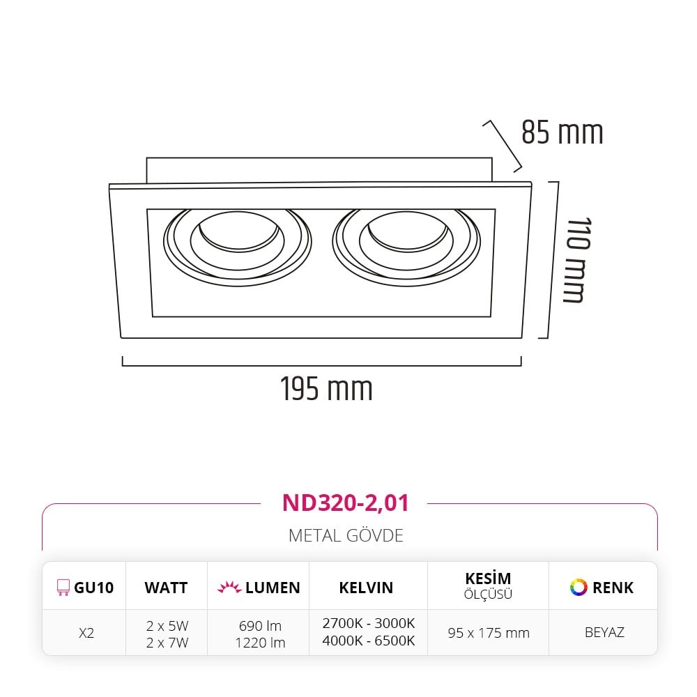 Nevo Sıva Altı İkili Led Spot Beyaz ND320-2