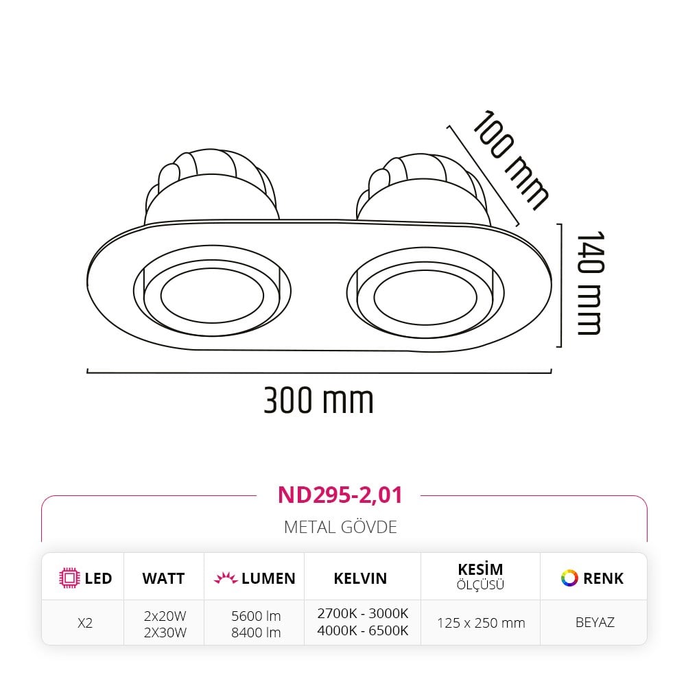 Nevo Sıva Altı İkili Led Spot Beyaz ND295-2