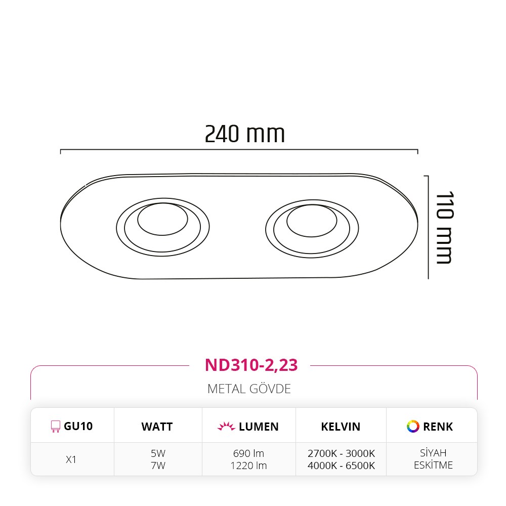 Nevo Sıva Altı İkili Led Spot Eskitme Siyah ND310-2