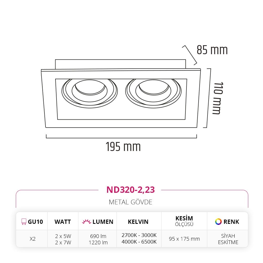 Nevo Sıva Altı İkili Led Spot Eskitme Siyah ND320-2