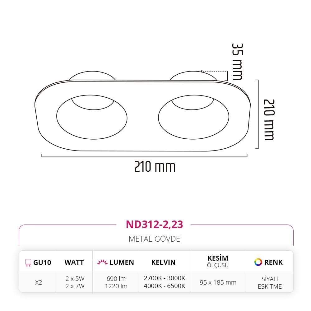 Nevo Sıva Altı İkili Led Spot Eskitme Siyah ND312-2