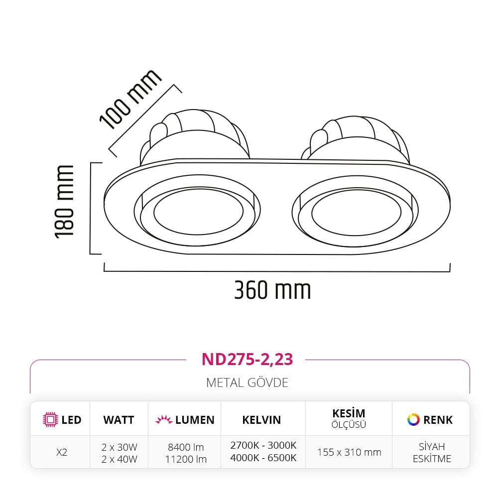 Nevo Sıva Altı İkili Led Spot Eskitme Siyah ND275-2