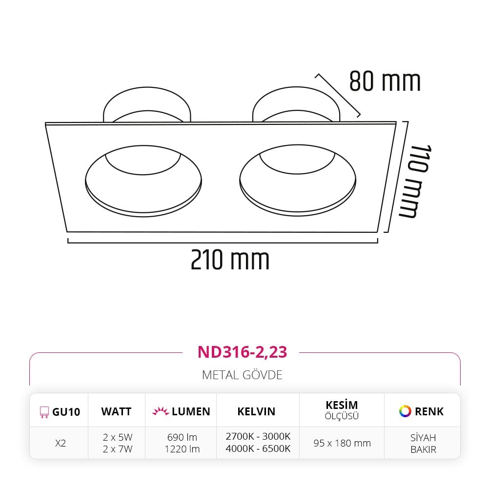 Nevo Sıva Altı İkili Led Spot Eskitme Siyah ND316-2