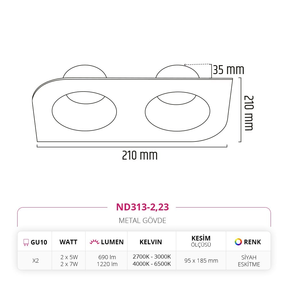 Nevo Sıva Altı İkili Led Spot Eskitme Siyah ND313-2